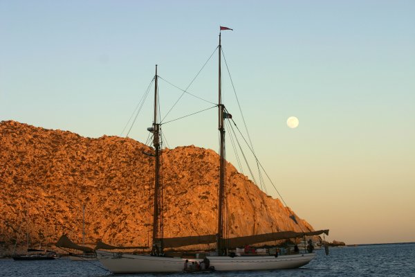 Schooner Alcyone by moonlight